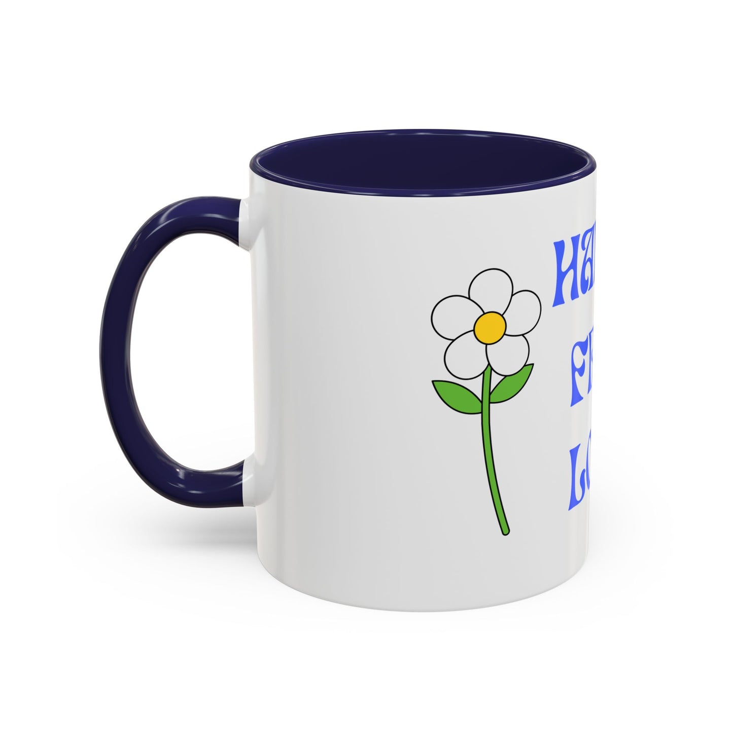 Coffee Mug - Happy, Free and Love Blue Floral Design (11, 15oz)