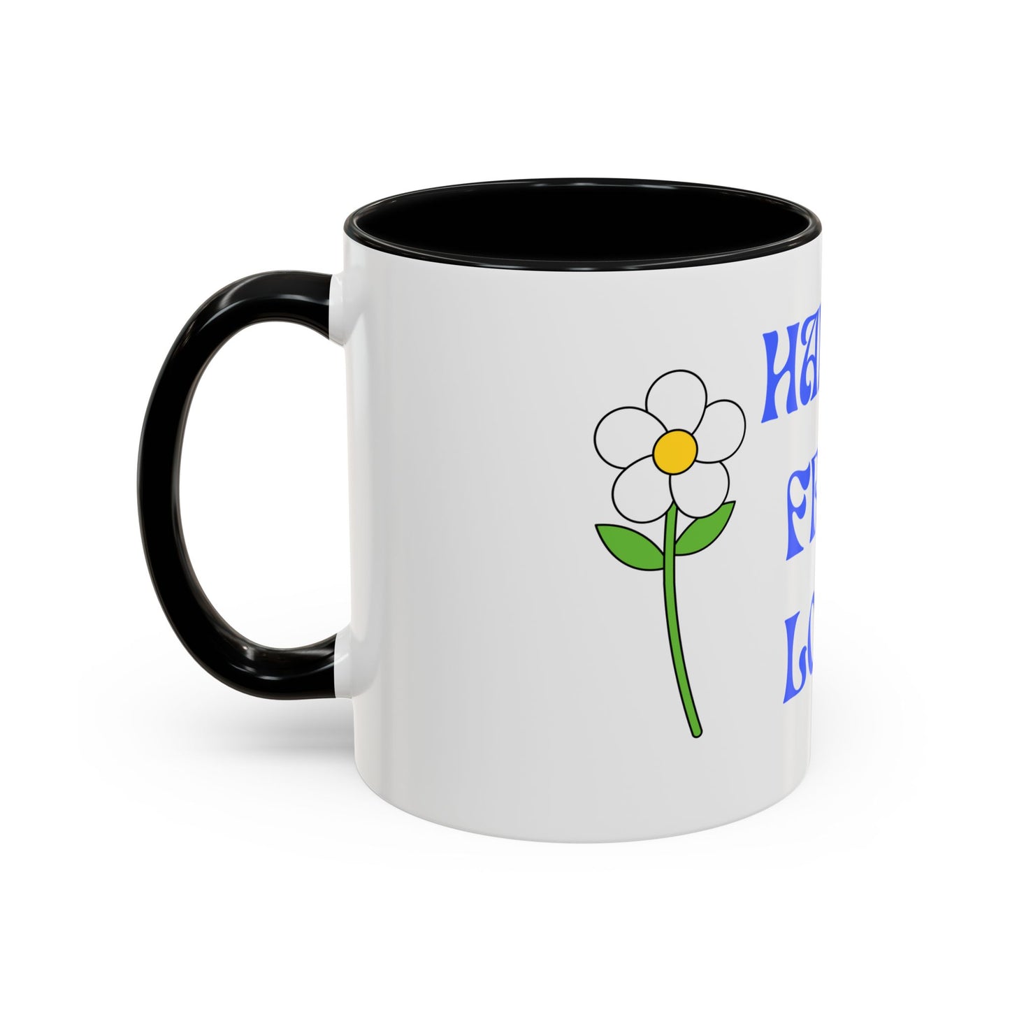 Coffee Mug - Happy, Free and Love Blue Floral Design (11, 15oz)