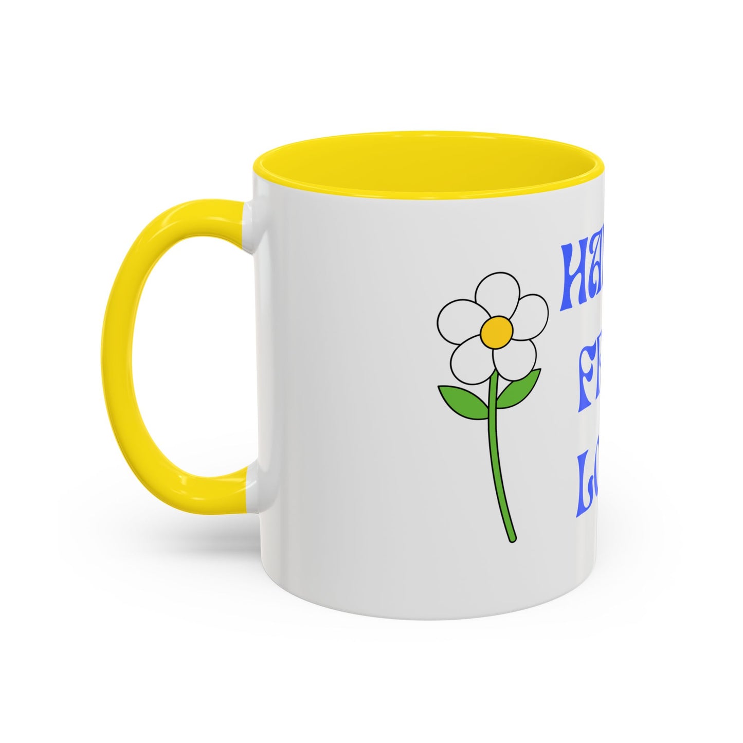 Coffee Mug - Happy, Free and Love Blue Floral Design (11, 15oz)